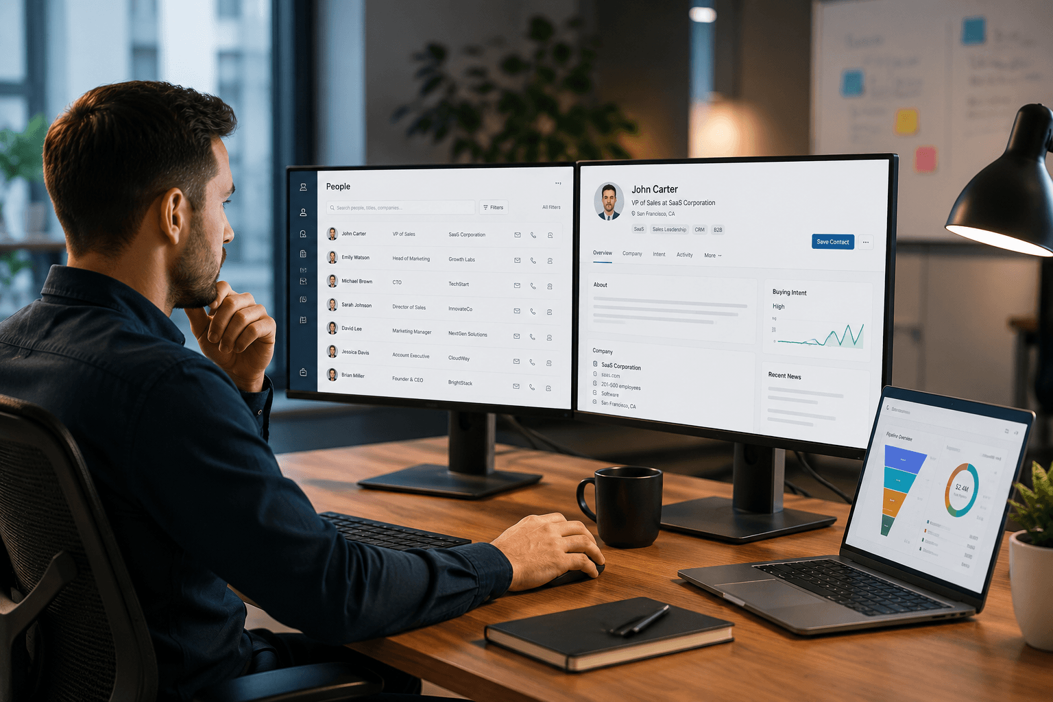 Modern sales representative researching B2B prospects on dual monitors using CRM and prospecting software in a contemporary office workspace.